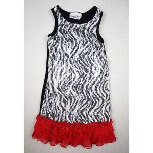 RARE EDITIONS - GIRLS' BLACK WHITE RED ZEBRA PRINT SEQUIN RUFFLE DRESS - SIZE 5
